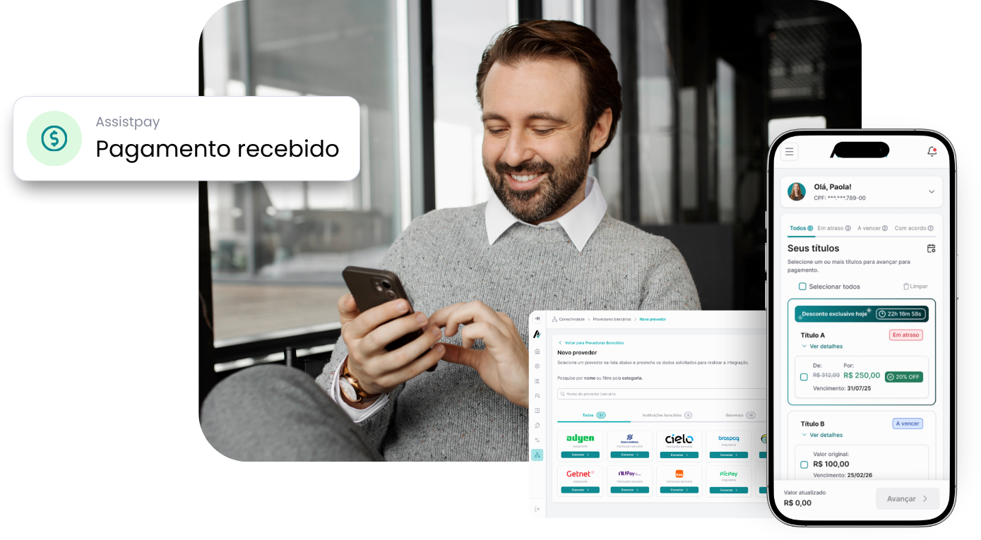Composição Assistpay: notificações de pagamento, executivo utilizando o celular e interface da plataforma